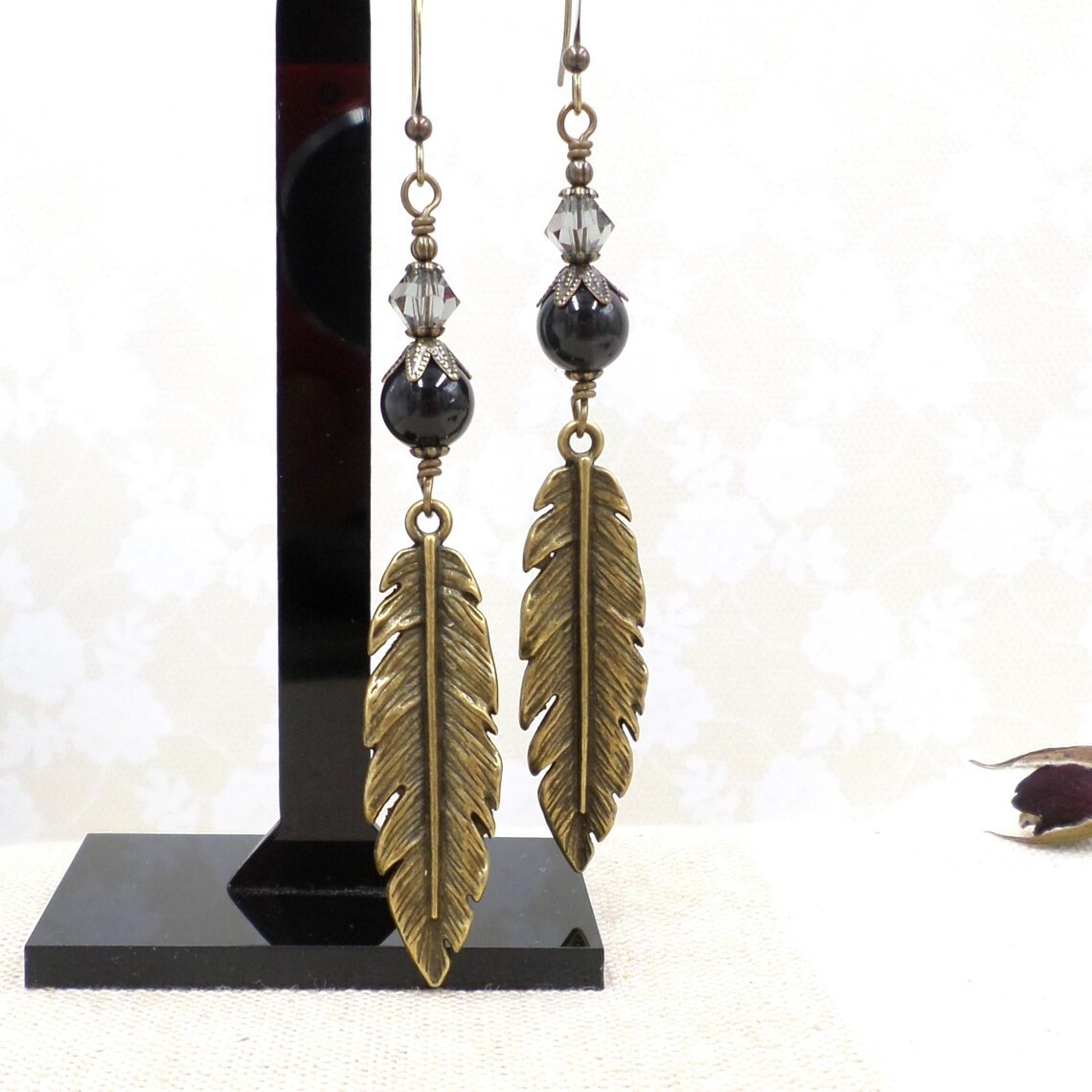 Boho Earrings, Antique Brass Feather with Black Faux Pearls & Crystal Jewelry