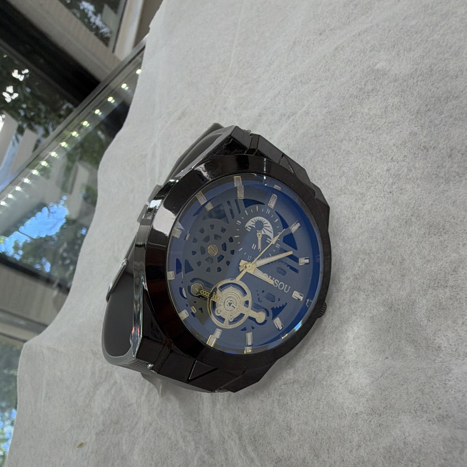Jiusou Mechanical Automatic Skeleton Dial Analog Watch Black Case Gray Strap