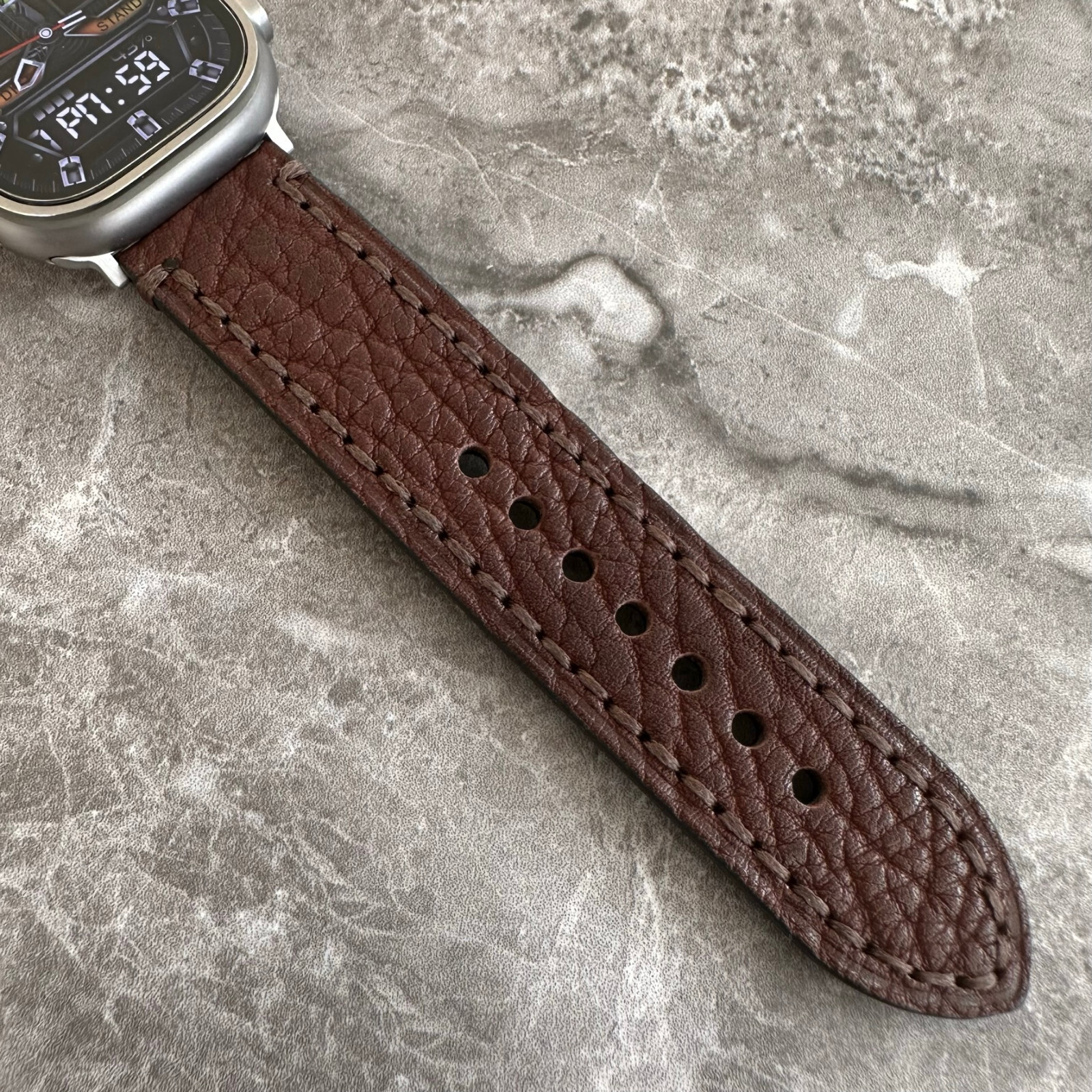 Premium Thick Brown Lychee Leather Watch Strap For Apple Watch Ultra 1 2 49mm