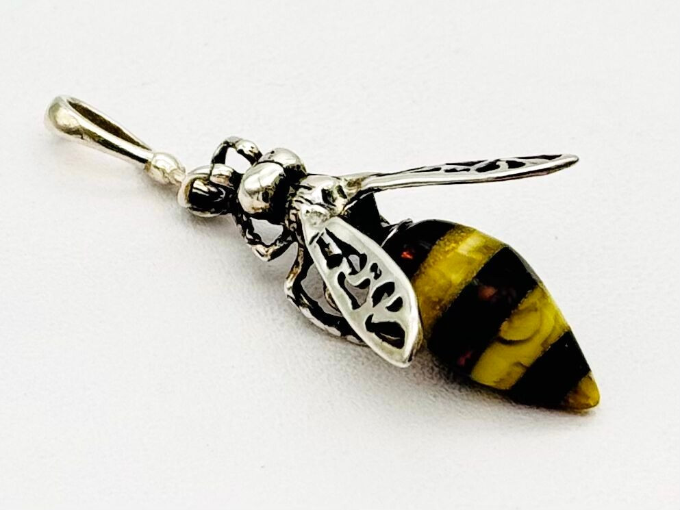 Henryka Baltic Amber and Sterling Silver Honey Bee / Bumblebee Pendant