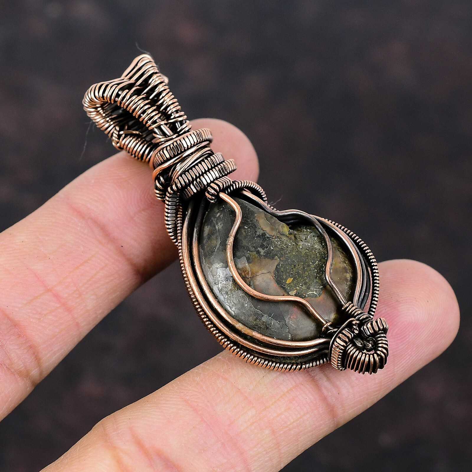 Ammonite Fossil Wire Wrapped Pendant Handcrafted Copper Partywear 2.36″