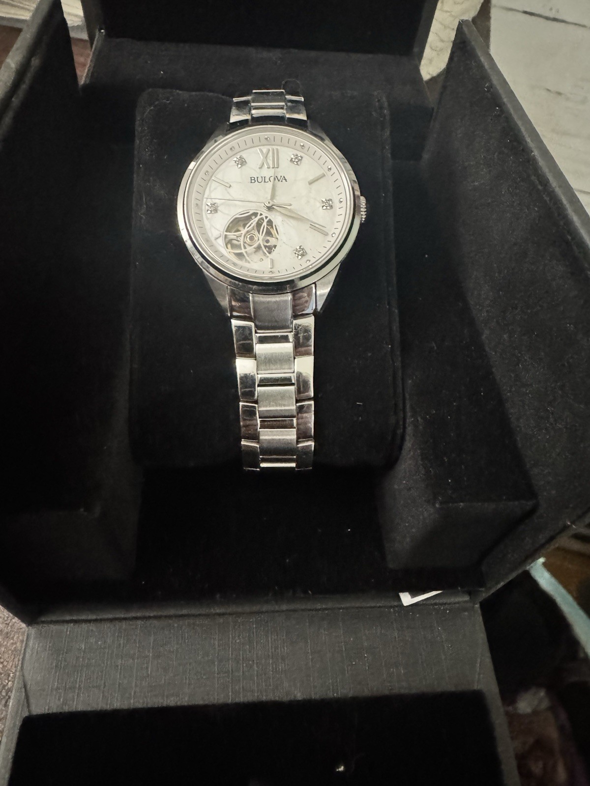 Bulova 96P181 Women’s 34mm Automatic Open Heart Diamond Accent Stainless Steel