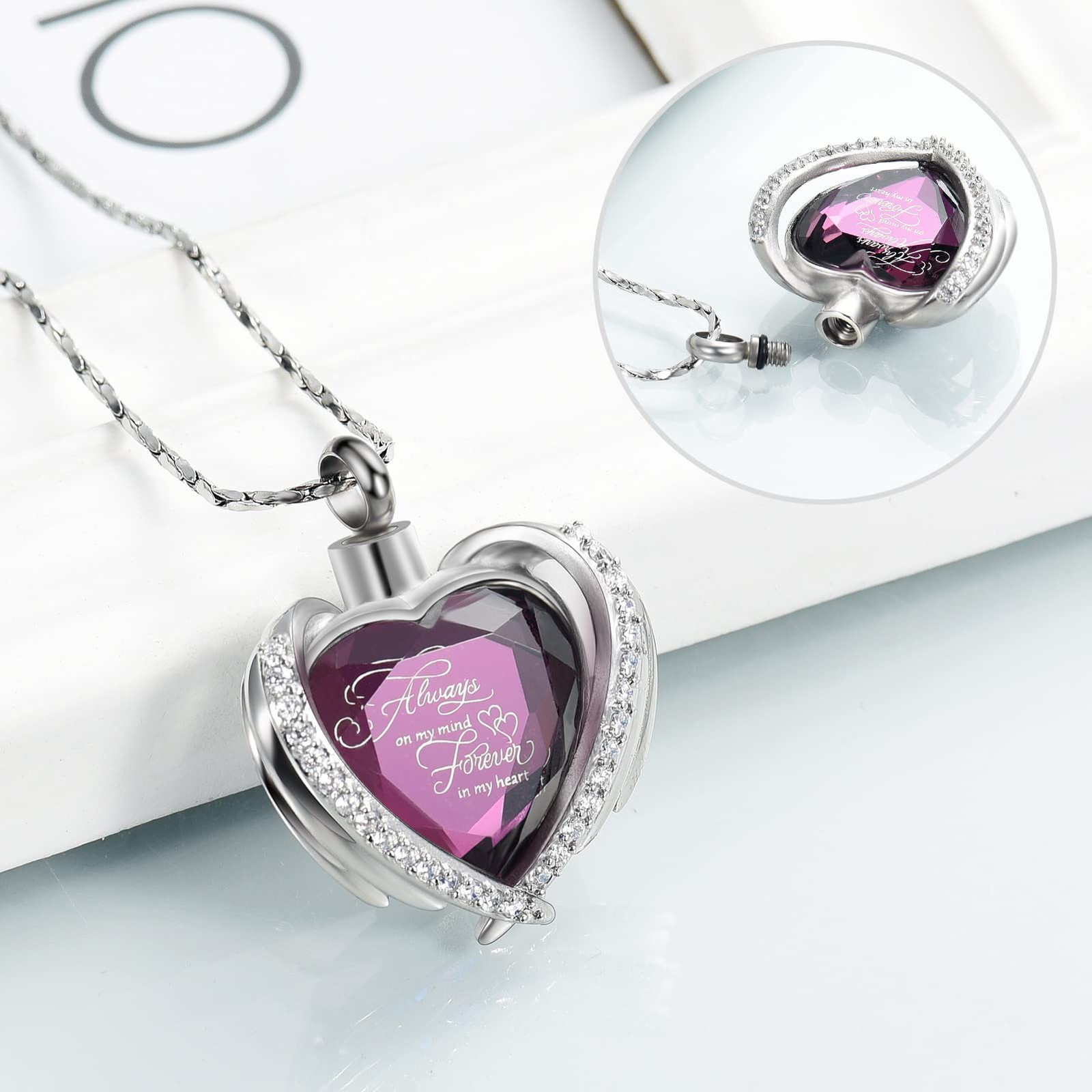 Cremation Jewelry Angel Wing Heart Urn Pendant Necklaces for Women Crystals U…