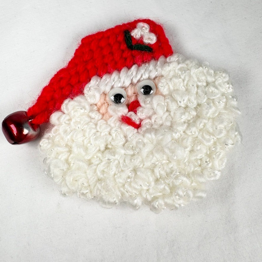 Vintage Crochet Santa Claus Brooch Pin Handmade Red Hat Jingle Bell Christmas