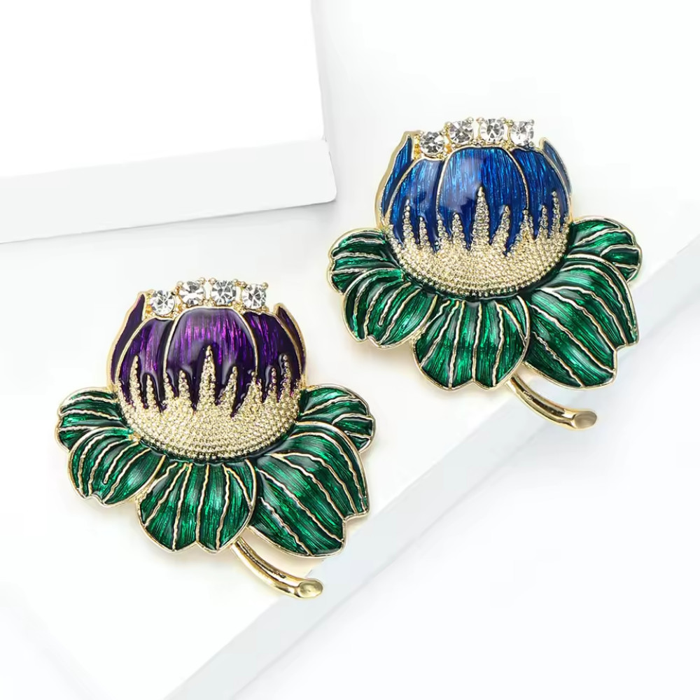 Rhinestone Purple Lotus Flower Brooch Gold Plant Pin Spring Summer Jewelry Gift