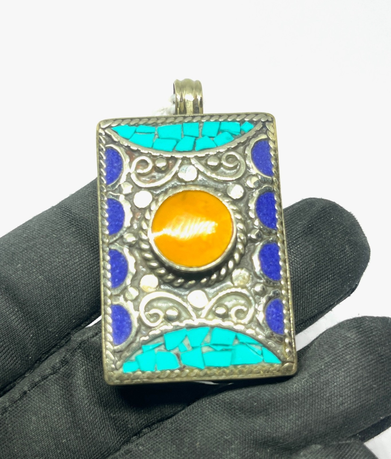 Turquoise Lapis Amber Gemstone Tibetan Statement Pendant Jewelry, 2.0 inch