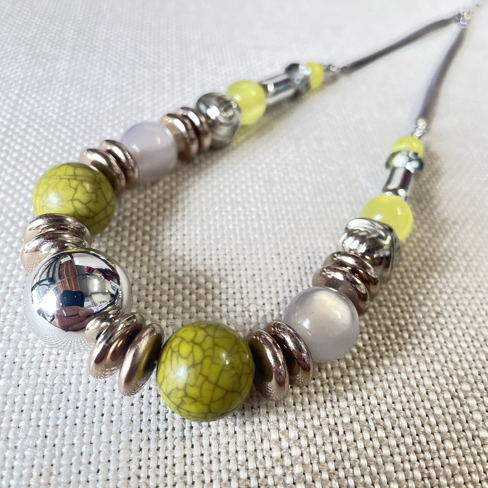 Boho Mixed Media Beaded Necklace Chartreuse Lime Yellow Lavender Silver Tone 18″