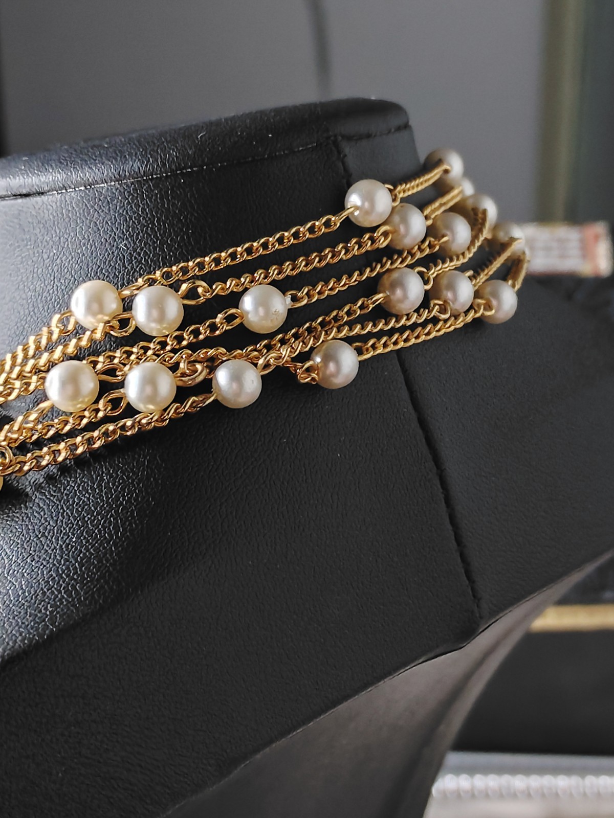 Vintage Gold Tone Multi Strand Faux Pearl Station Necklace