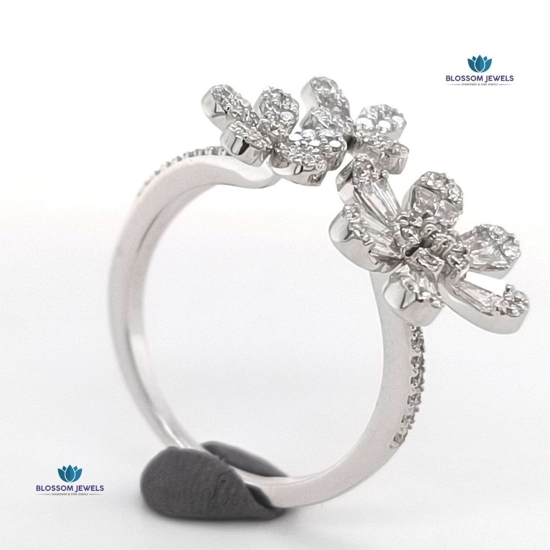 0.78 Ct Round Cut Lab Grown CVD/Diamond Flower Shape Ring 14K White Gold Plated