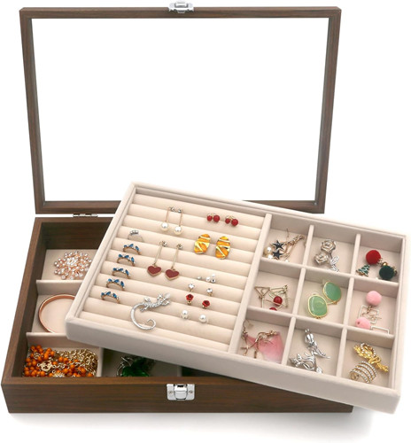 Kloud Wood Grain Jewelry Box Jewelry Display Case Two Layers