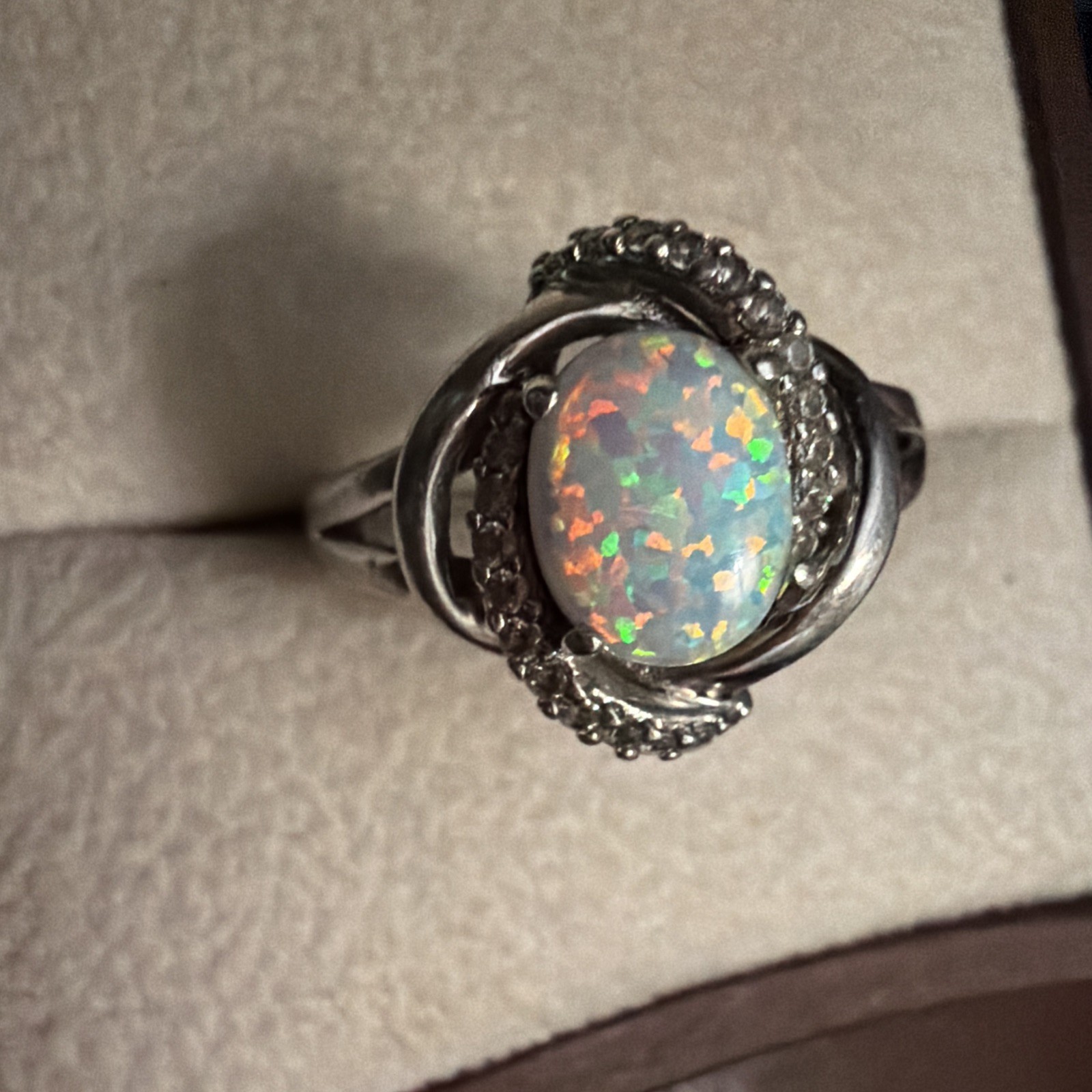 Vintage Opal Cubic Zirconia Sterling Silver Ring – Size 10 L