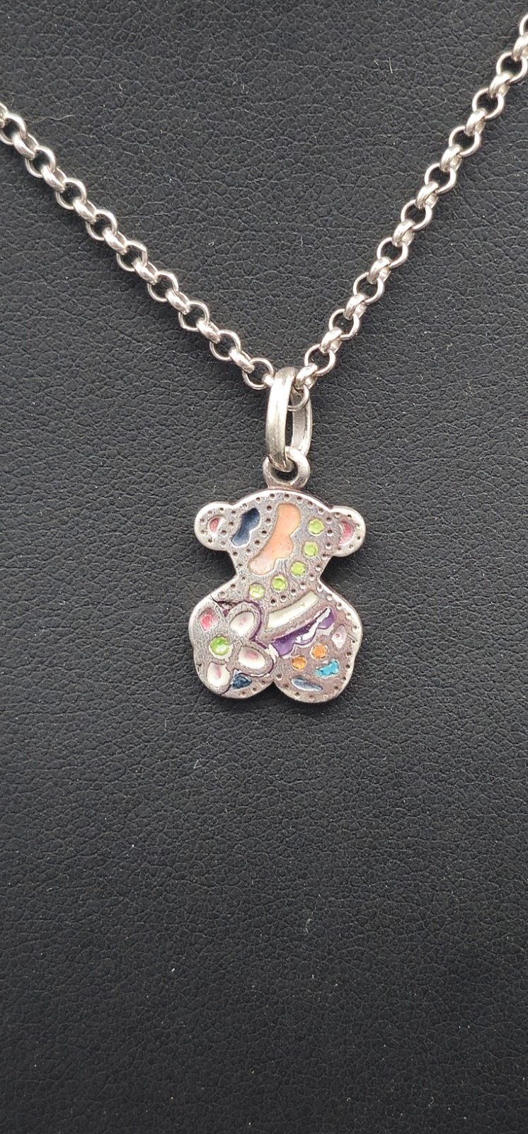 TOUS 925 Sterling Silver Enamel Teddy Bear Pendant Necklace Multicolor Spain