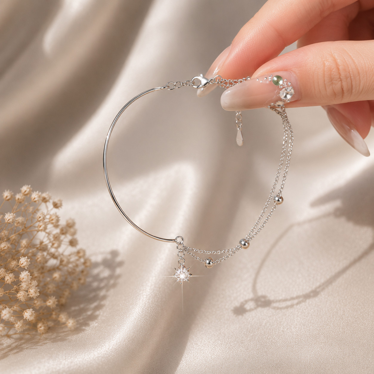 925 Sterling Silver Star Bracelet CZ Adjustable 16-20cm Minimalist Dainty Gift f