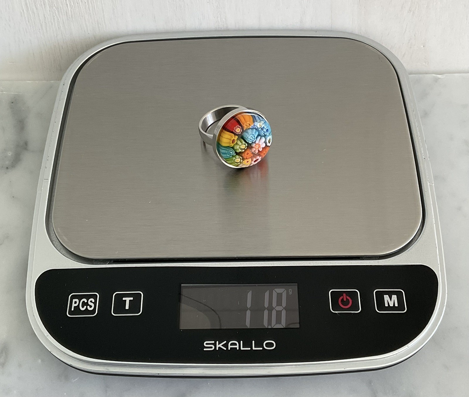 Multi Color Round Murano Millefiori Style Glass Ring Stainless Steel SZ 6, 9, 10