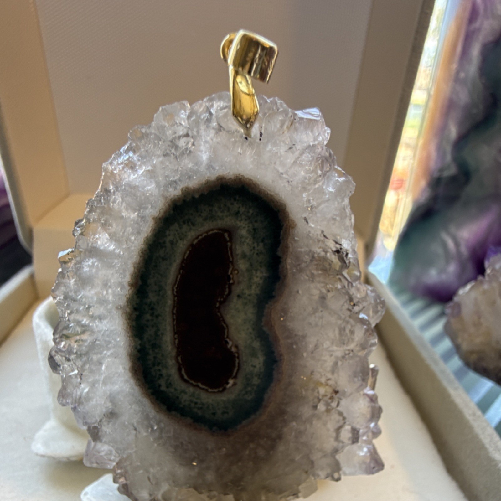 Trapiche Asymmetrical Pendant with S925 Gold Bail, Green Black White Natural