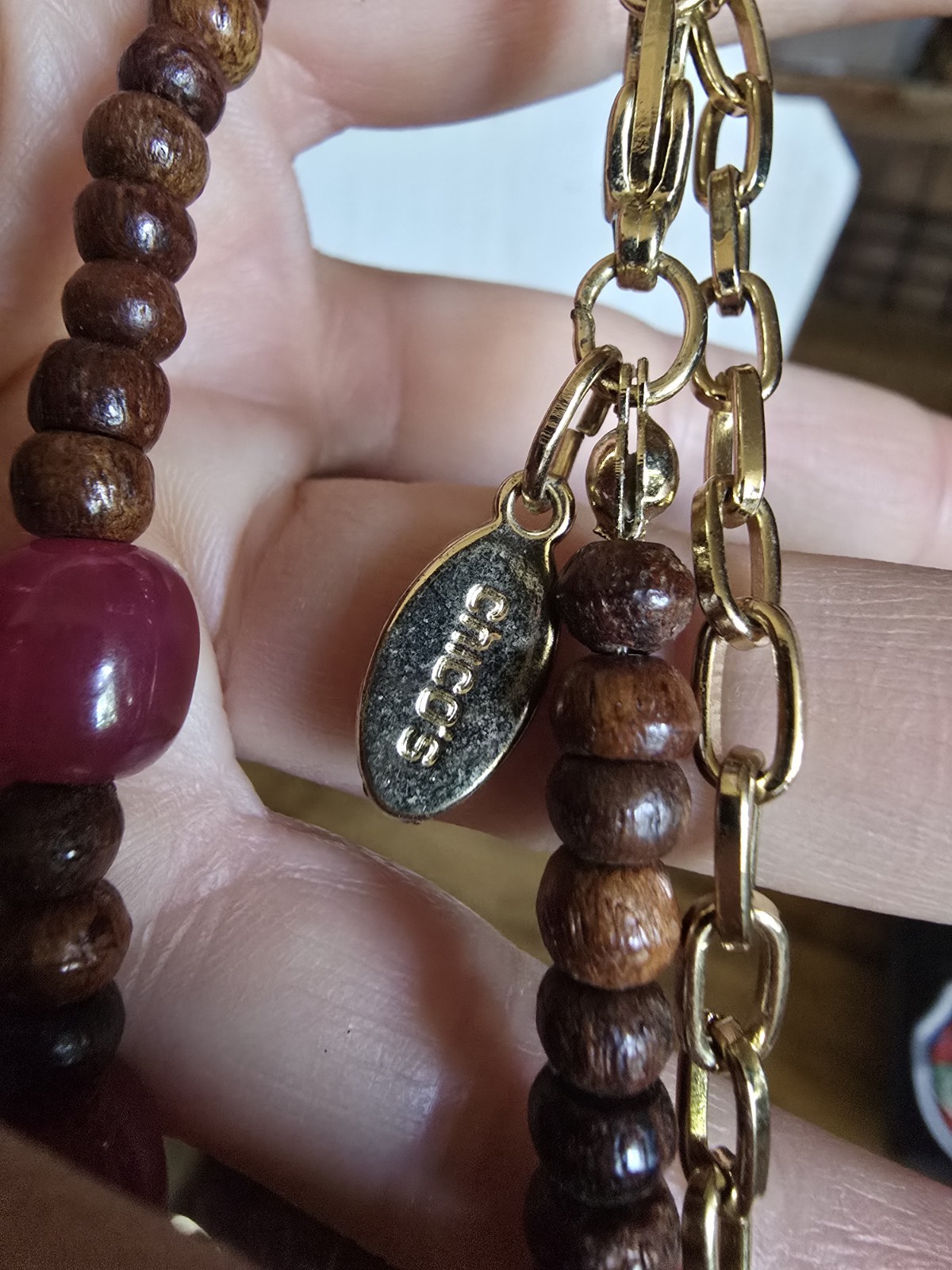 Chico’s Necklace Long Statement Natural Wood Beads Pink Brown Multistrand 36-39″