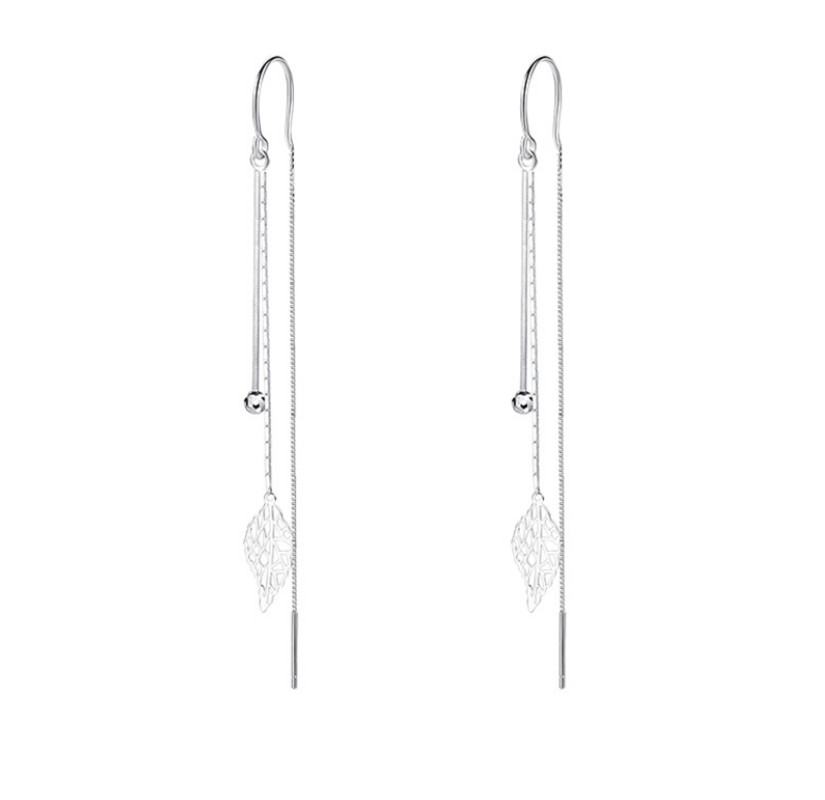 Solid 925 Sterling Silver Leaf Ball Pull Through Threader Earrings Gift Box PE21