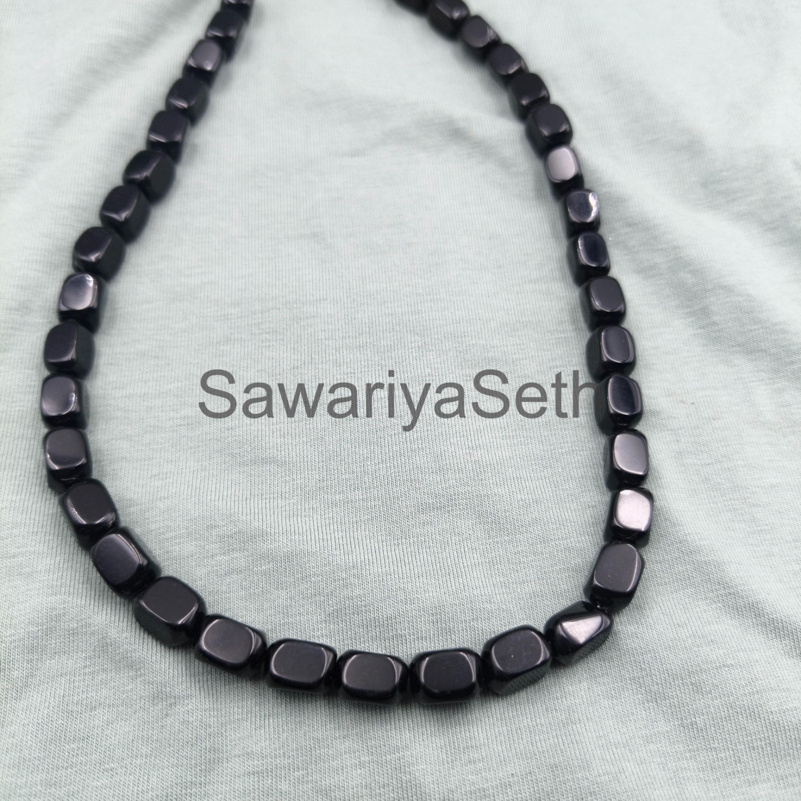 Black Tourmaline Square Beads Necklace, 8mm Natural Gemstone Necklace, Sterling