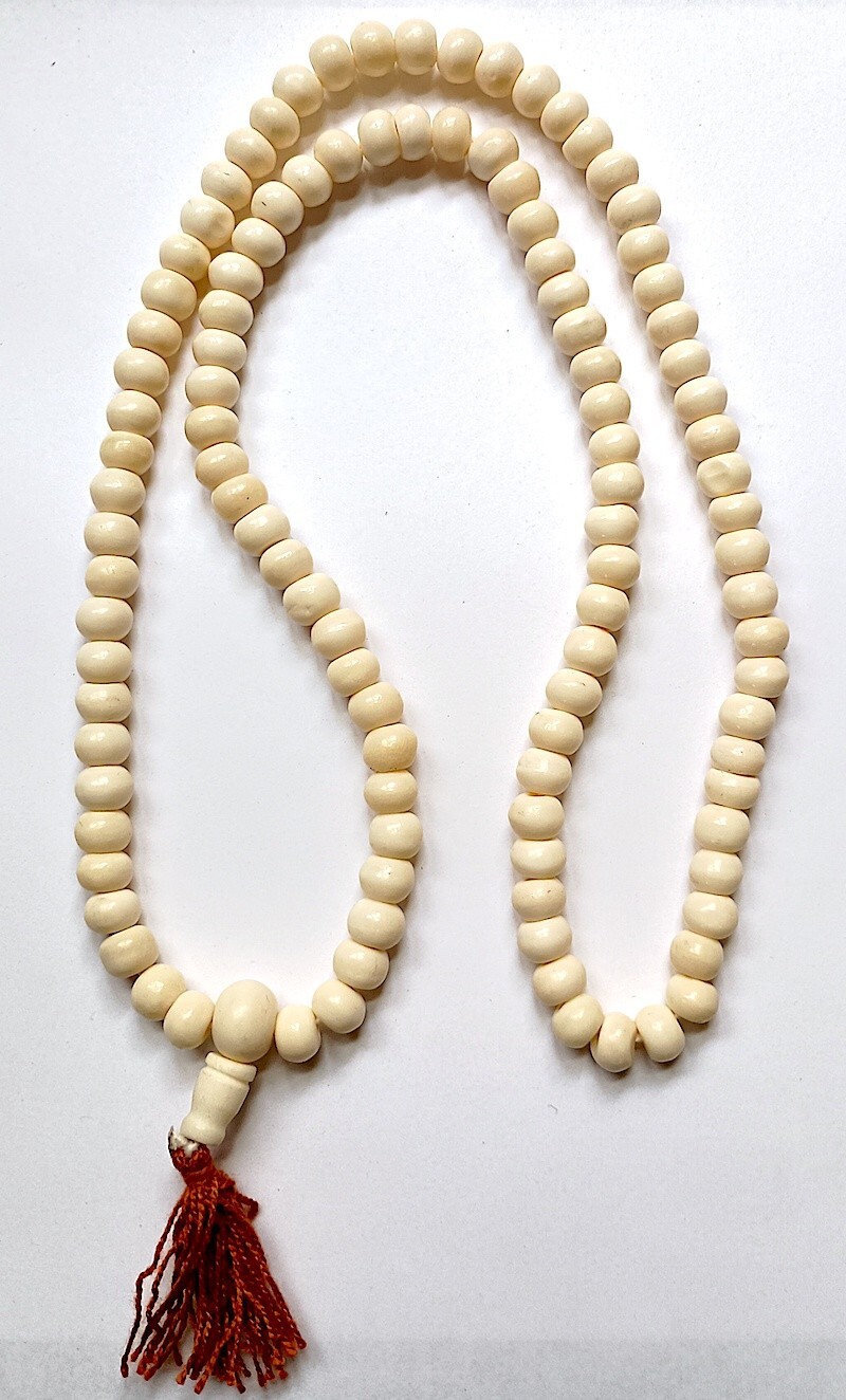 Water Buffalo Bone Beads, Mala or Long Strand, 30″, 108 Beads, White, 7 mm Each