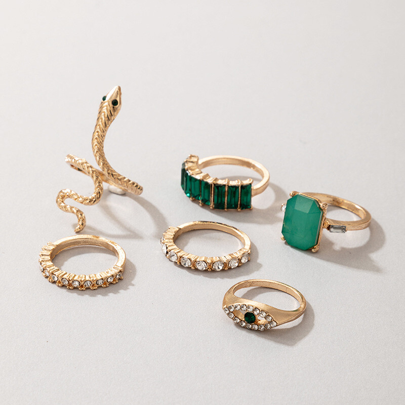 6 pcs Gold Boho Stack Plain Above Knuckle Ring Snake Green Finger Tip Rings Set