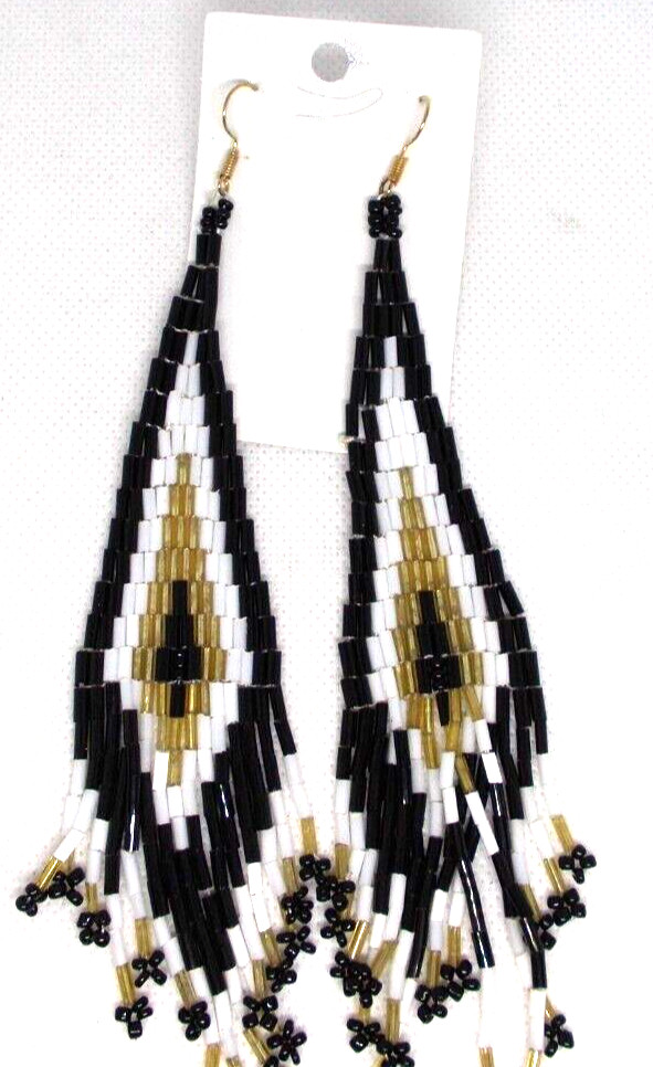 Boho earrings gold black white Seed Bead Beaded Fringe Tassel new