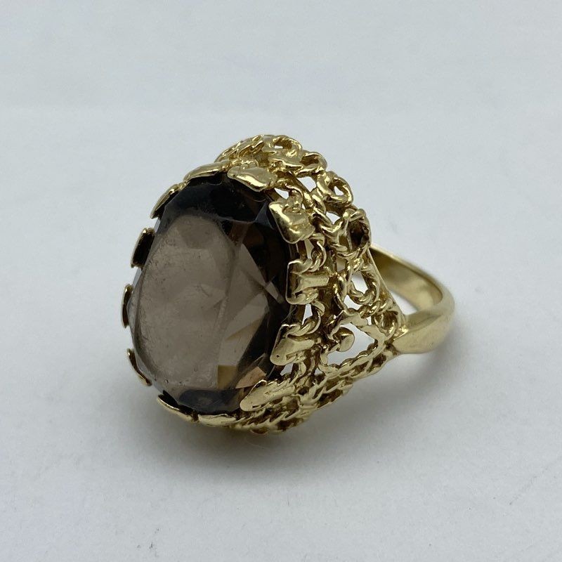 Vintage Mid-Century 13K Yellow Gold Smoky Quartz Cocktail Ring Size 4.75