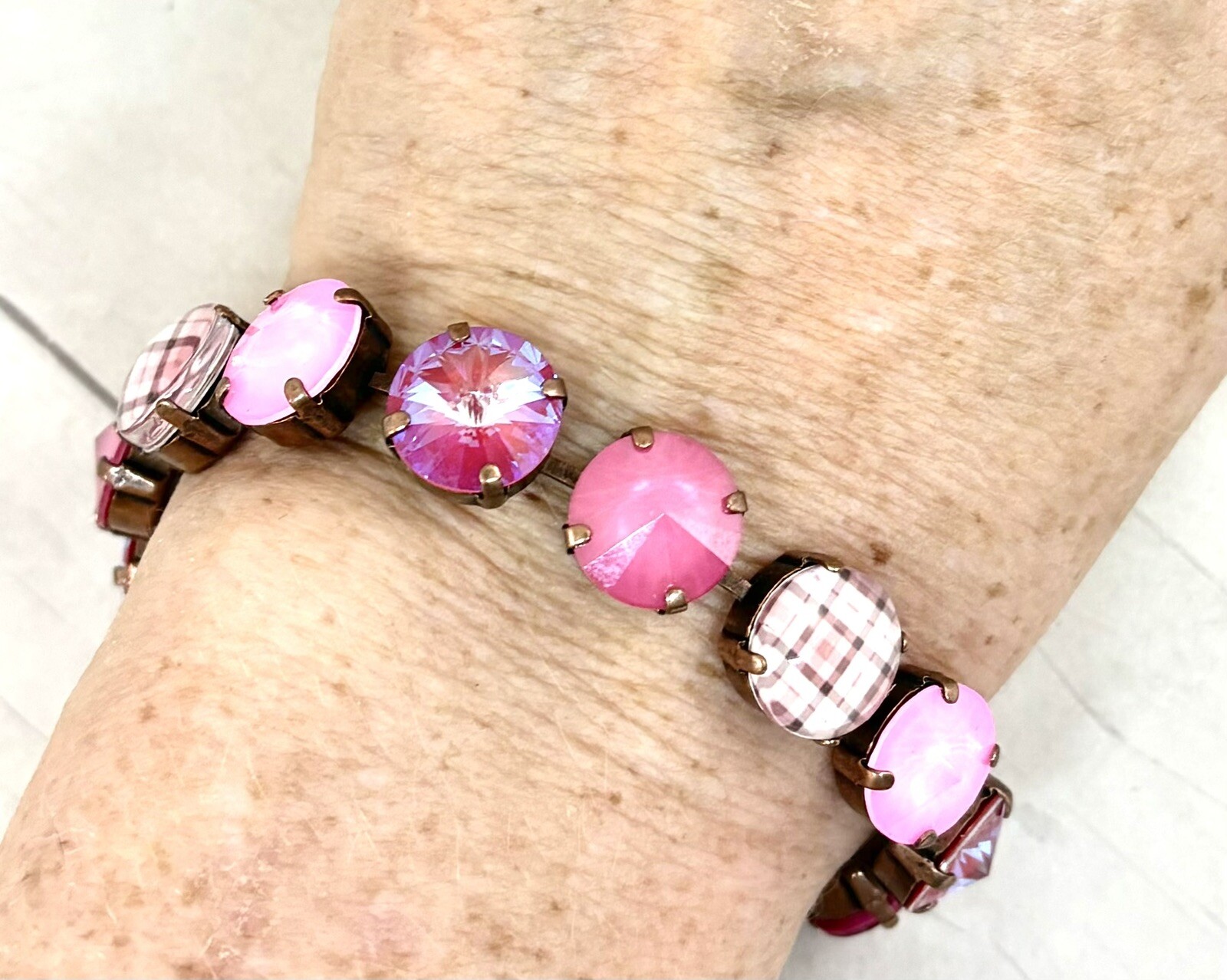 PINK Plaid Cup Chain Statement Bracelet made with Pink Austrian Crystals