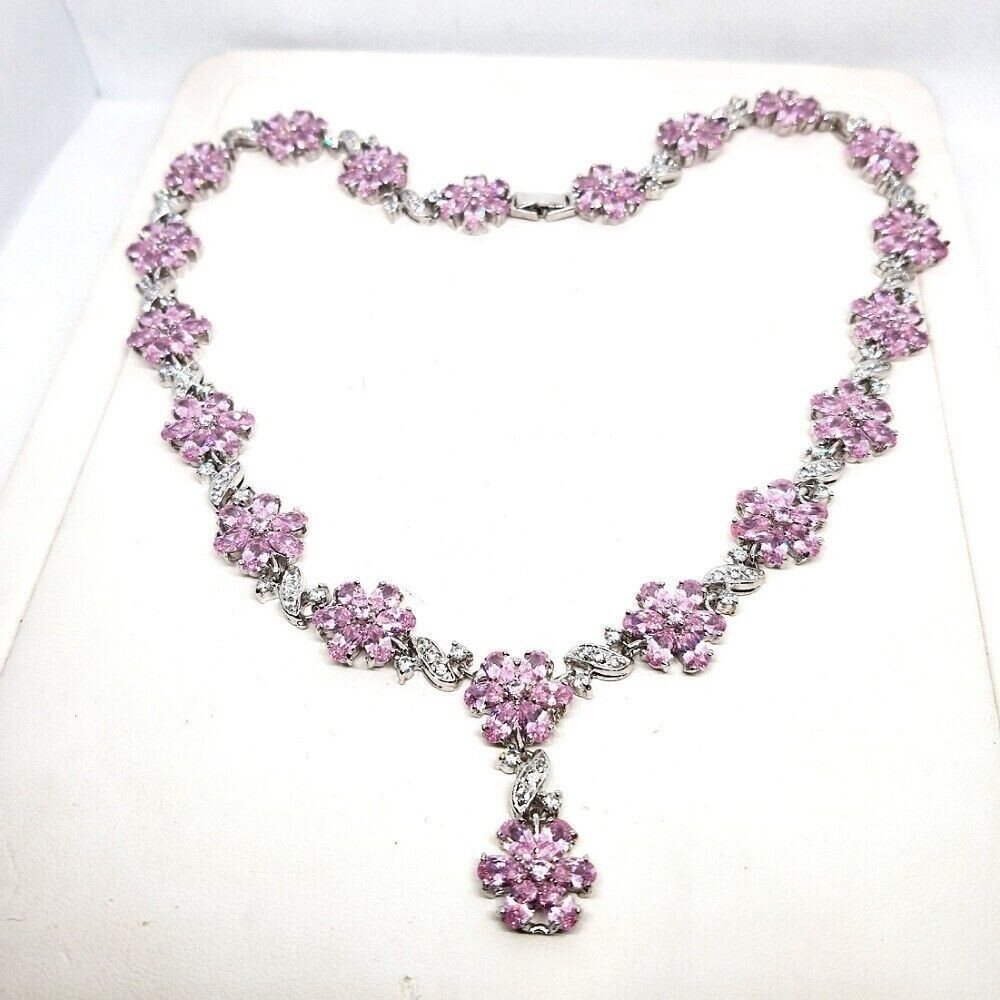 Necklace Pink Sapphire Simulated 18K WHITE GOLD FILLED flower bridal VTG look A