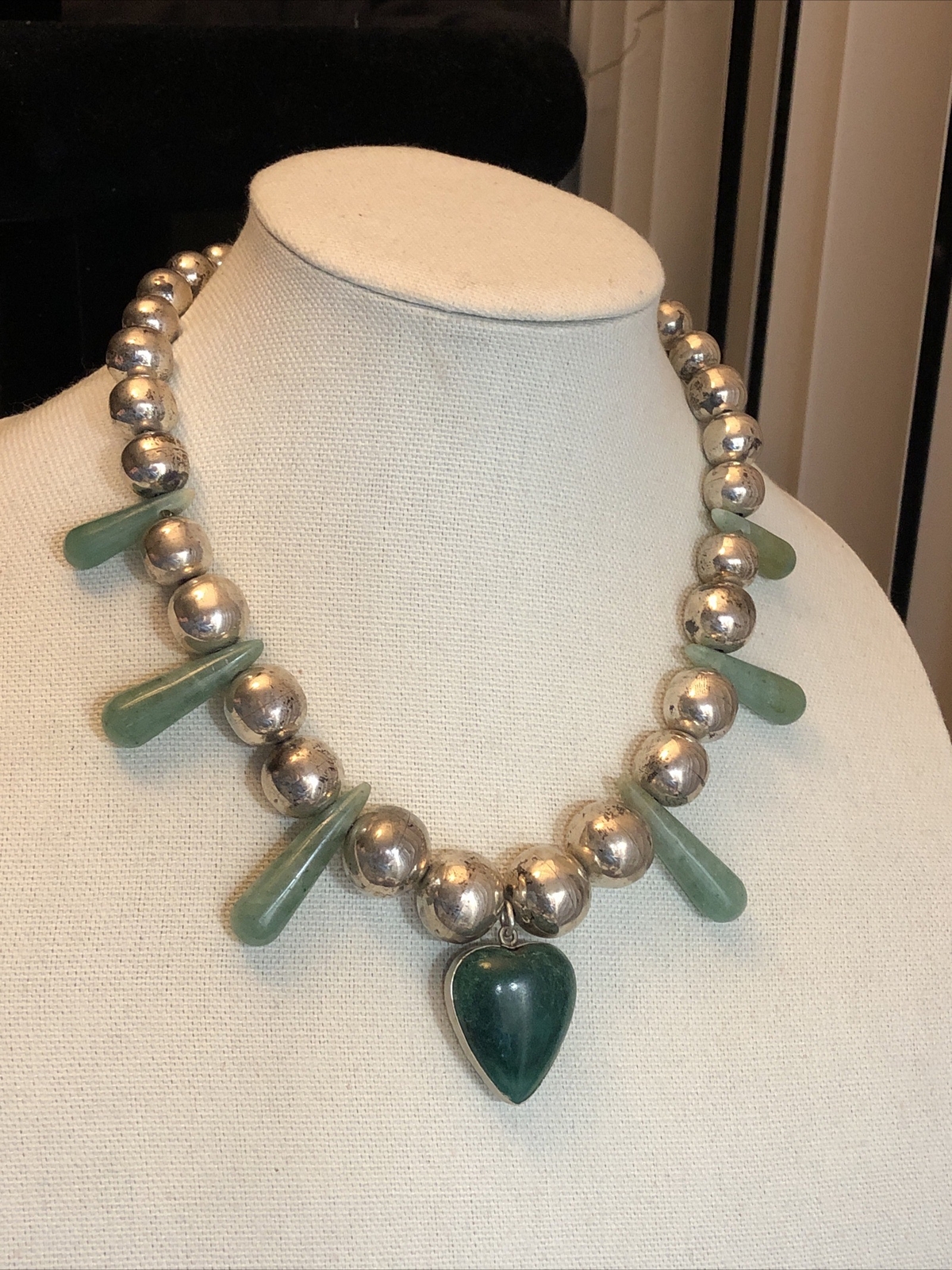 2. Vintage 925 Sterling Green HEART Cone Drop Graduated Ball Necklace 18″, 140g