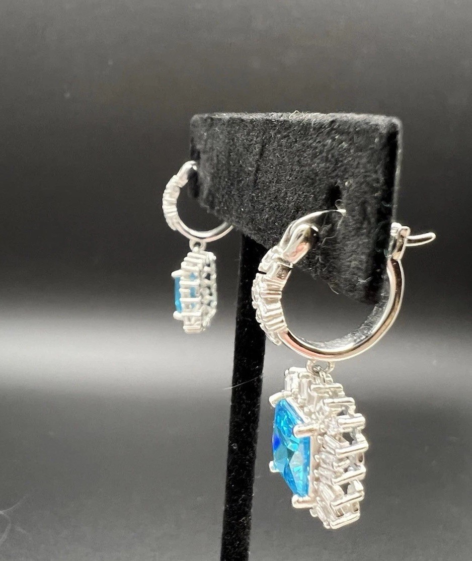 Blue & White/colorless CZ Sterling Silver 925 Dangle Drop Earrings
