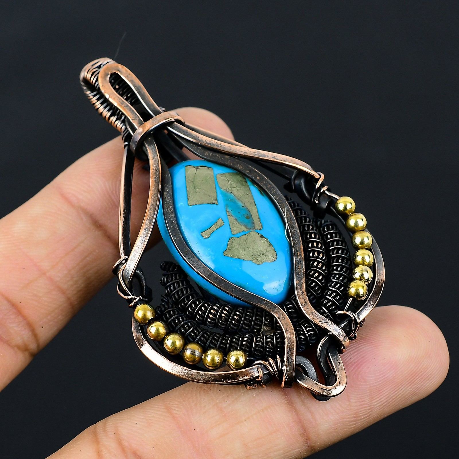 Irani Firoza Gemstone Copper Wire Wrap Pendant 2.87″ Gift for Her O129