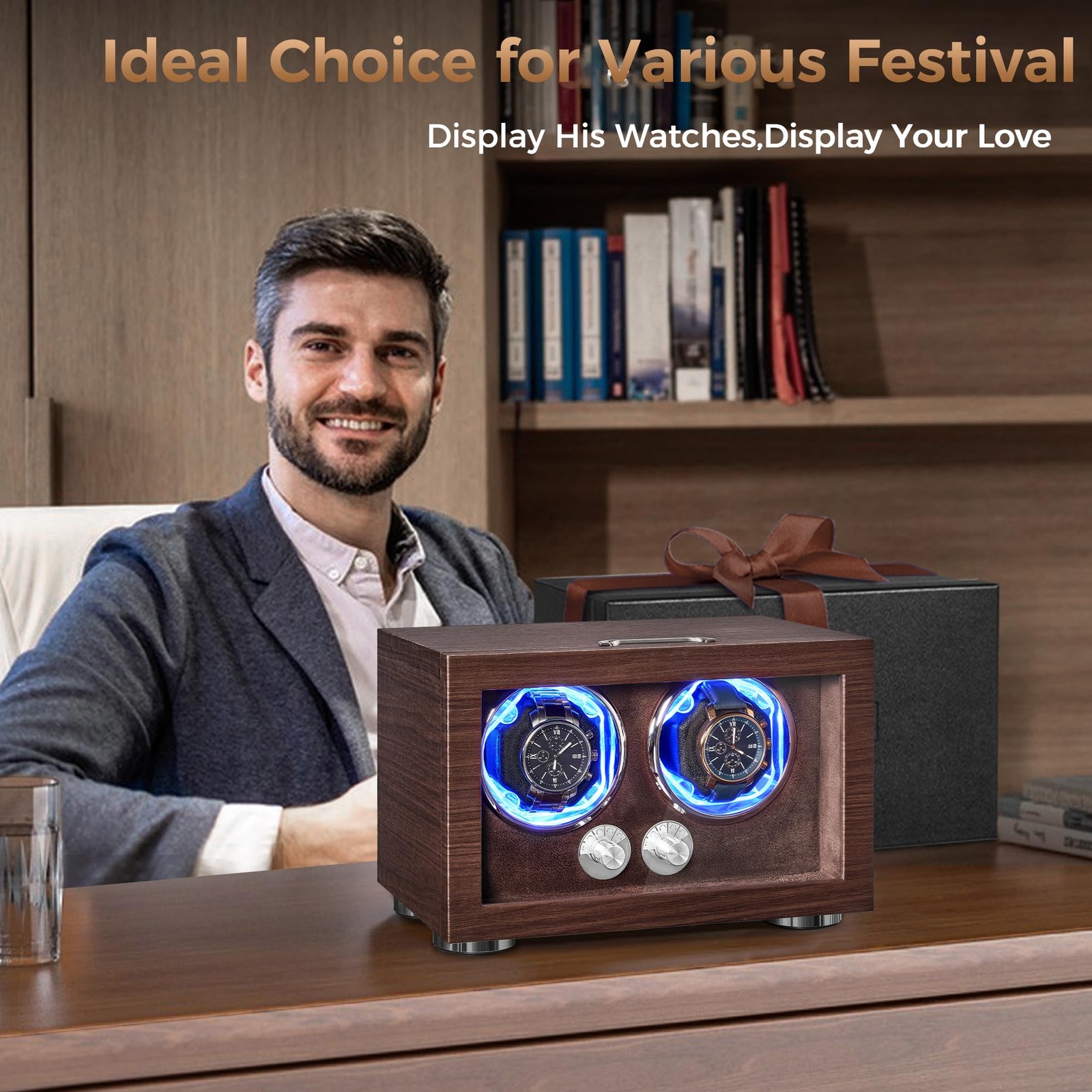 ANWBROAD Double Watch Winder, Automatic 6.49 x 10 x 6.77 inches, Walnut