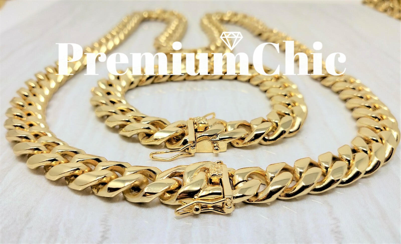 COMBO SET Mens Miami Cuban Link Bracelet & Necklace Gold Plated Stainless Steel