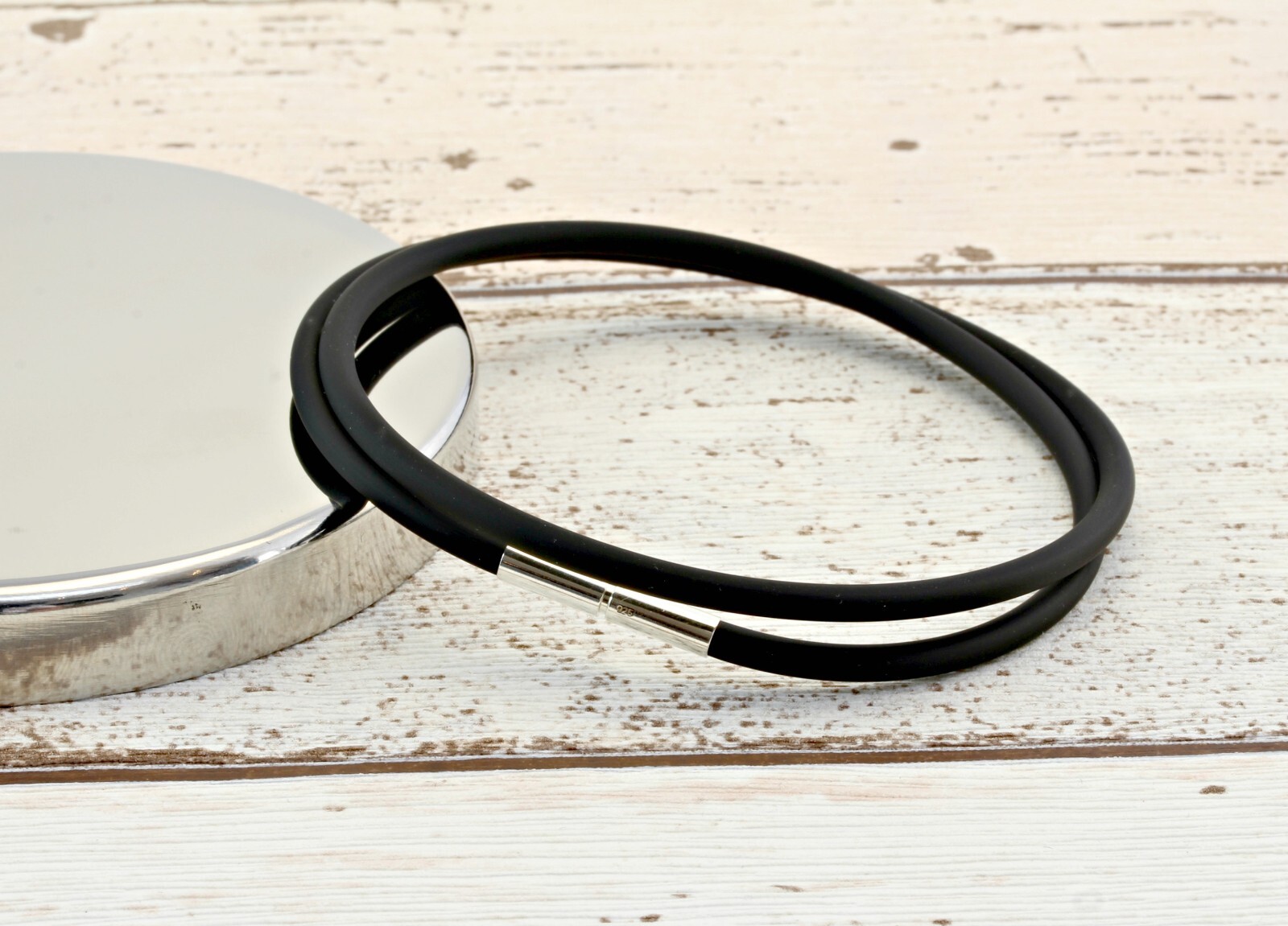 Men’s/Ladies Double Wrap Rubber Bracelet–3mm Black rubber–Sterling Silver Clasp
