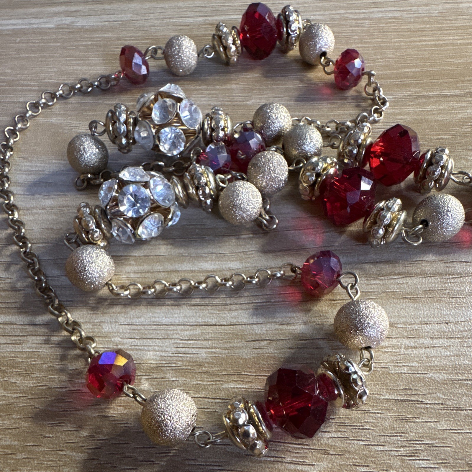 Gold Tone Cable Chain Station Necklace Red & Clear Simulated Crystal Adjustable