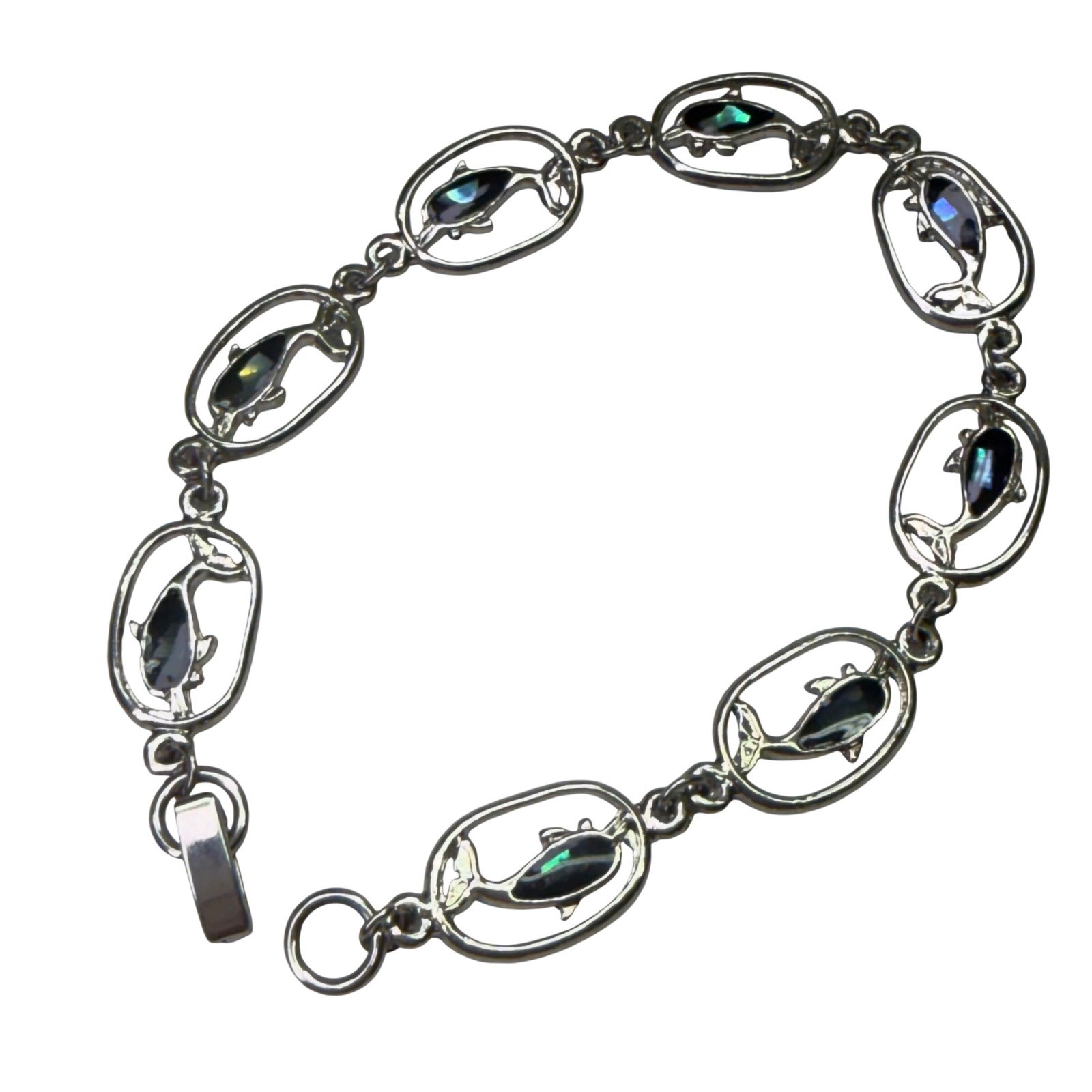 Silver Tone Abalone Shell Dolphin Link Bracelet Nautical Coastal Jewelry