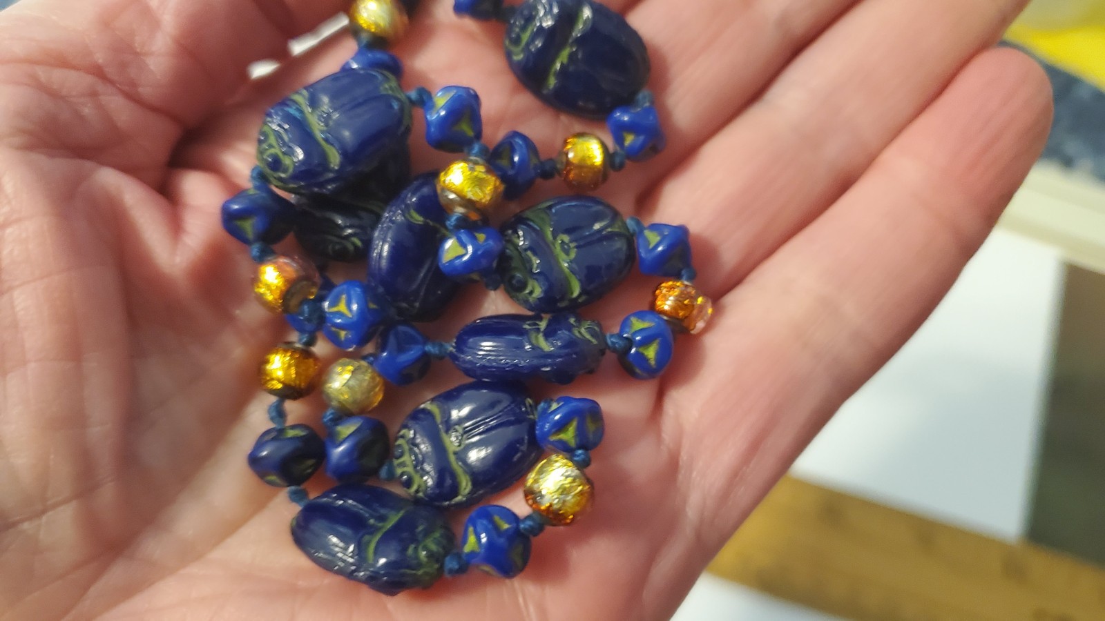 Antique Neiger Brothers Czech Egyptian revival scarab cobalt blue murano foil
