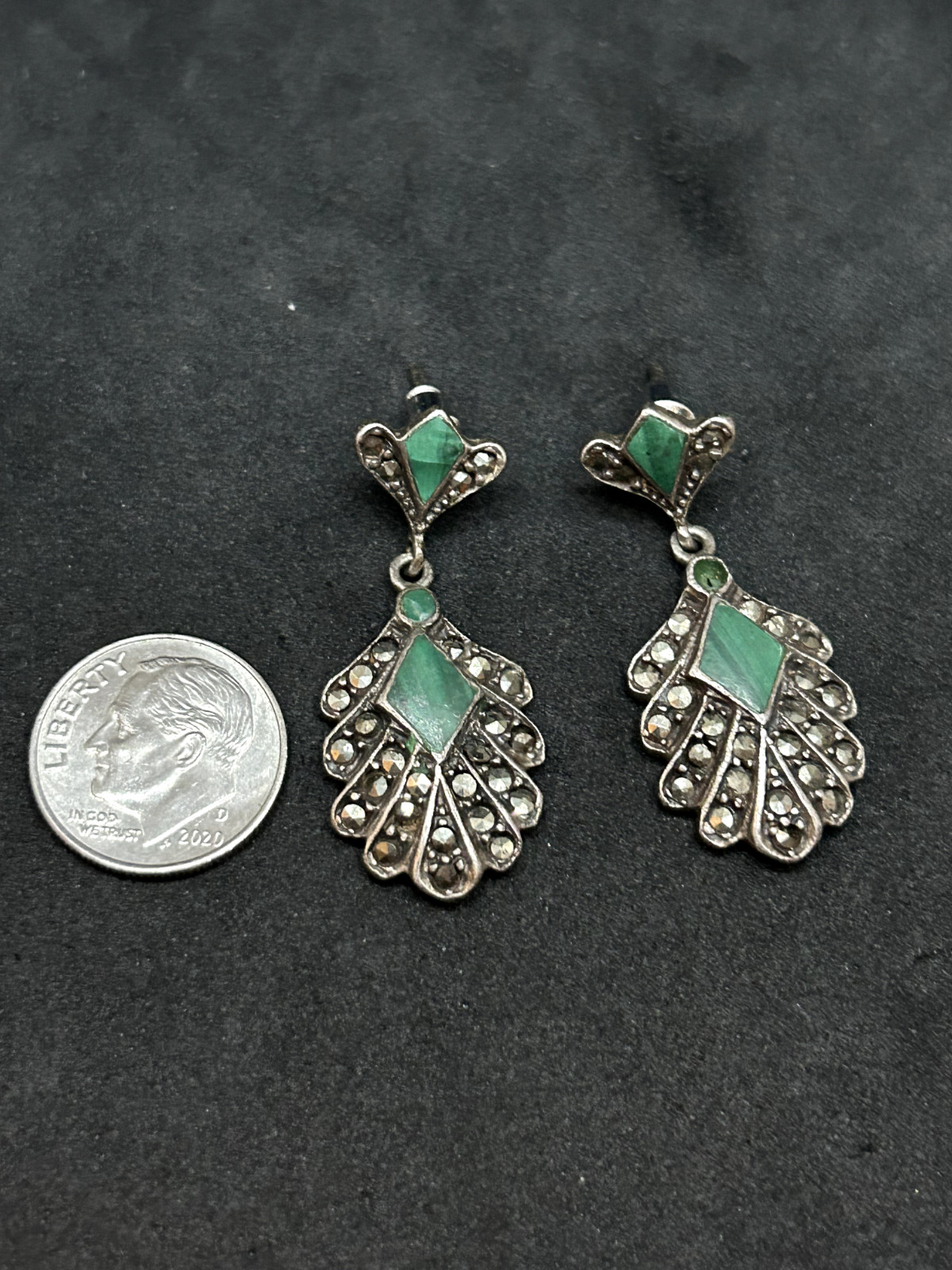 925 Sterling Silver Malachite and Marcasite Dangle Earrings 1.25in – 7.82g
