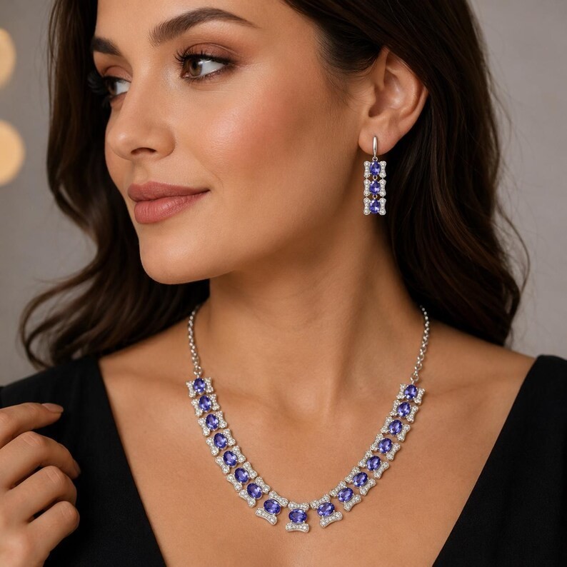 Natural Tanzanite Necklace Set 925 Sterling Silver December Birthstone Gift