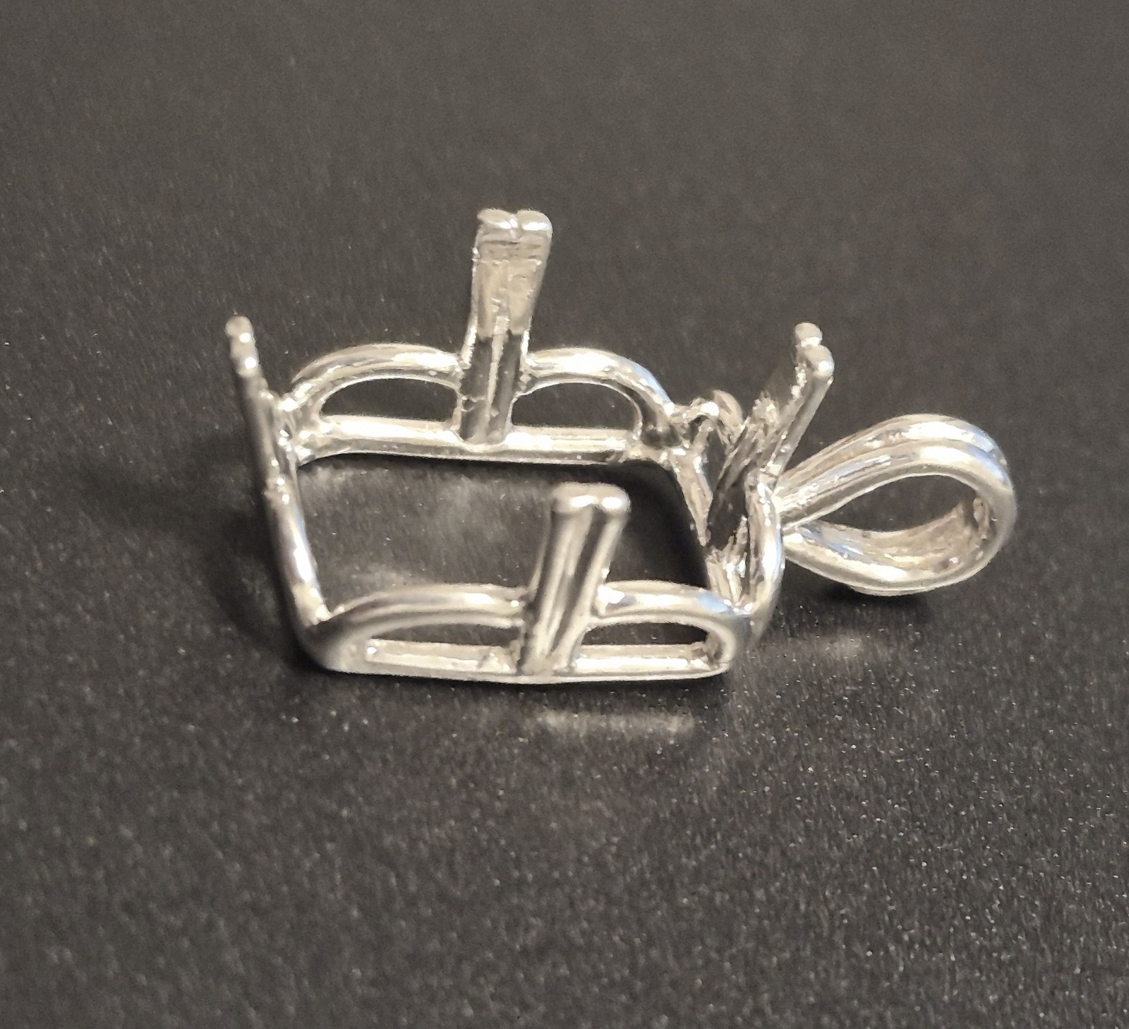 Emerald Cut 4 Prong Crown Regalle Pendant Setting Sterling Silver, Pre-Notched