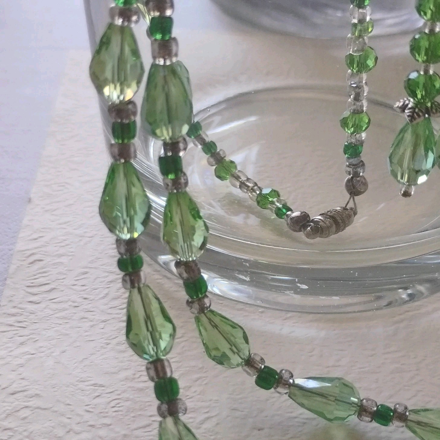 All Elegant Crystals necklace earrings Green briolette Glass Silver metal