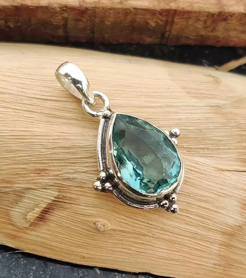 925 Sterling Silver Aquamarine Gemstone Pendant Handmade Bohemian Pendant SR181