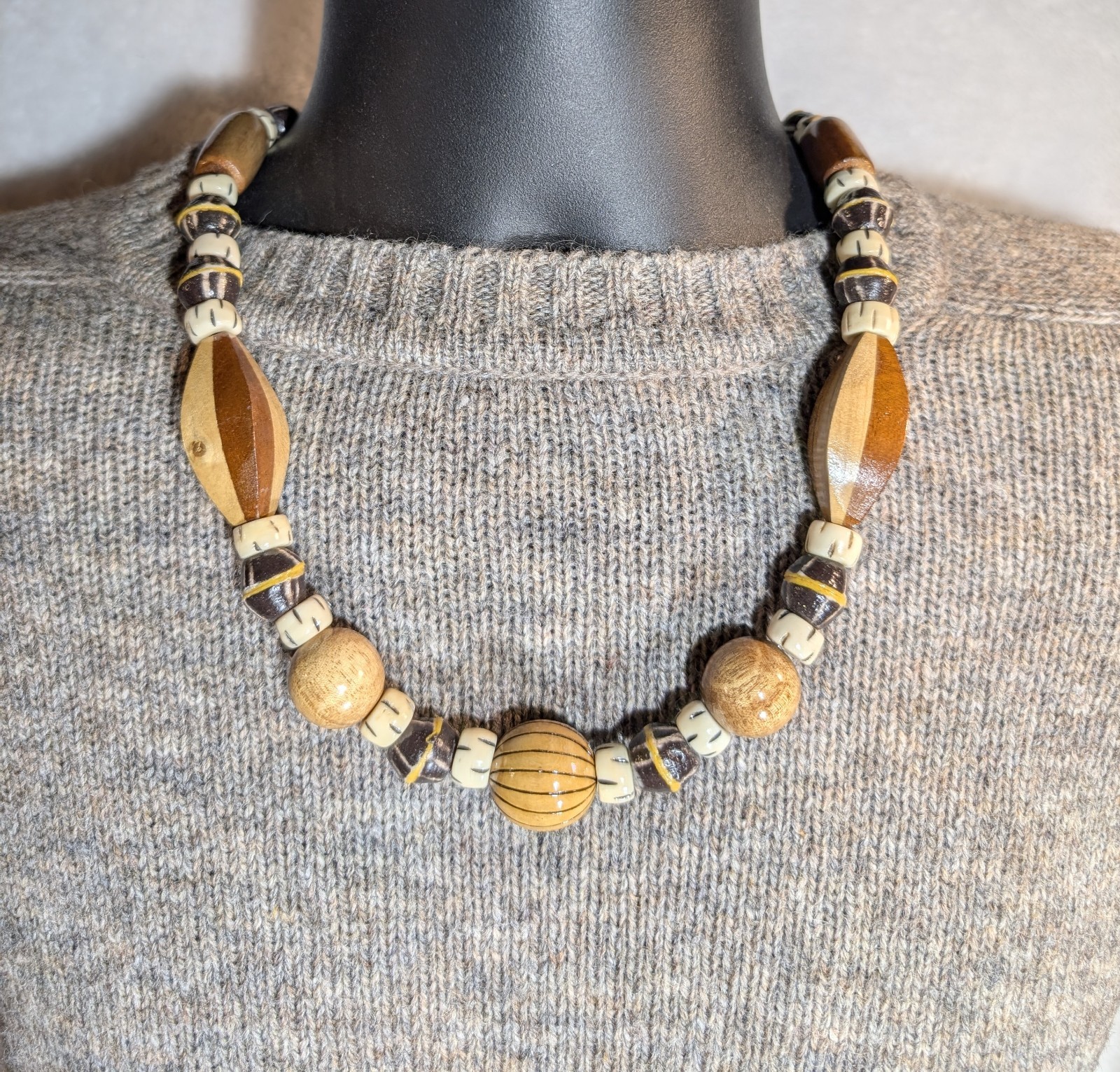 Tribal Wood Bead Necklace, African Krobo Bicone, Bone, Men’s 23in, Earth Tones