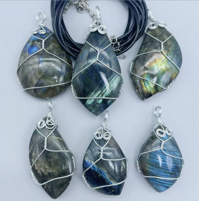 10PCS Labradorite Pendant Necklaces with Leather Cord Natural Stone Wholesale US