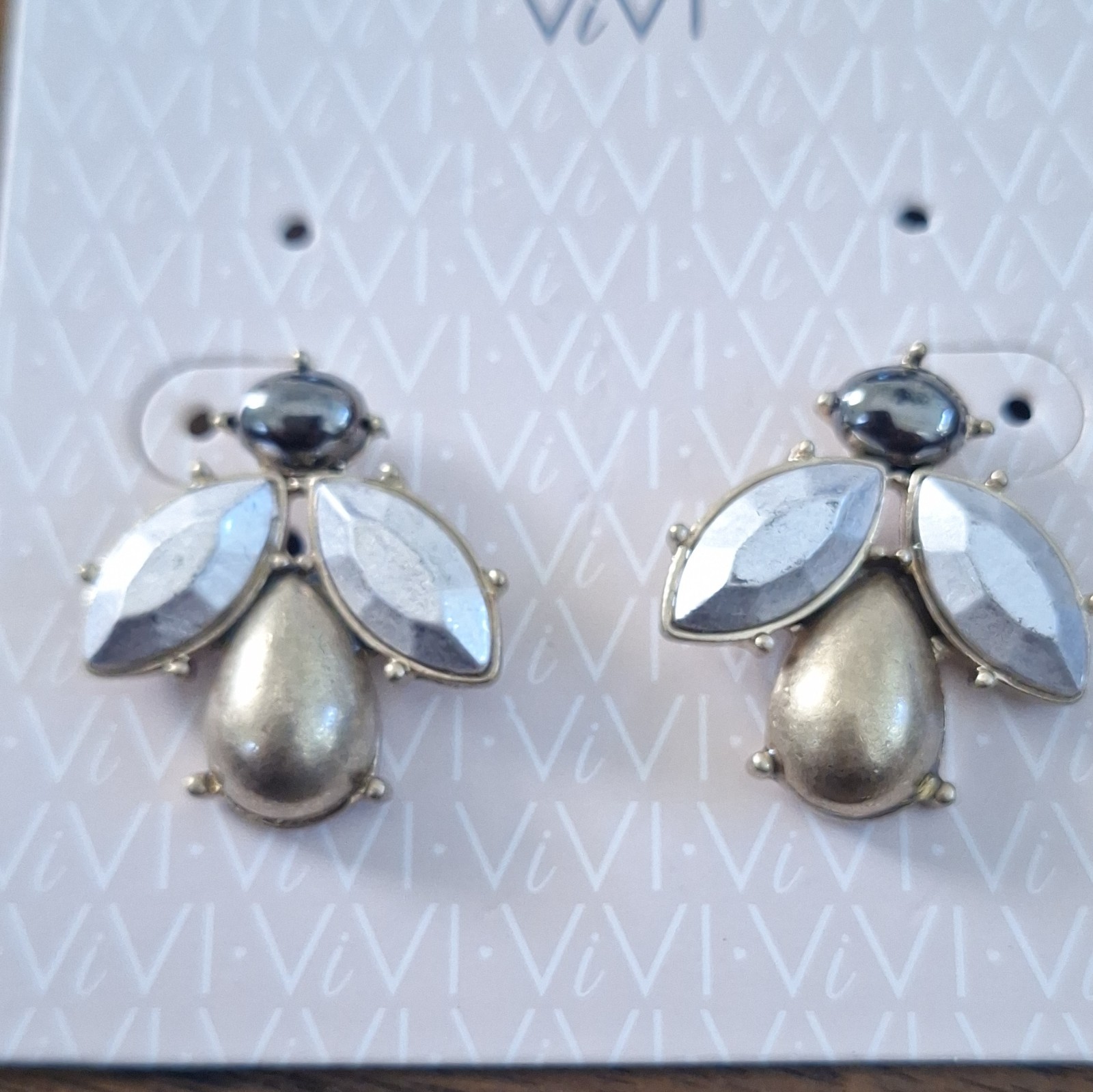 ViVi Bee Stud Earrings Silver/Gold Tone Crystal Accents Butterfly Back #82662
