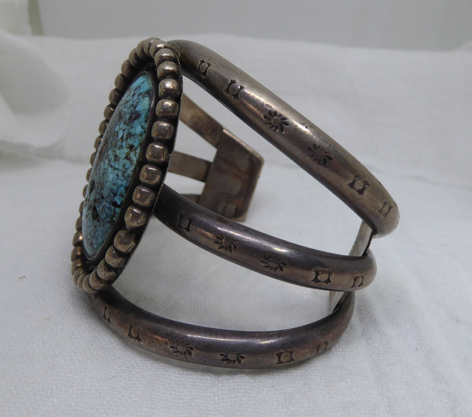 Vintage Navajo Sterling & Large Turquoise Cuff – Heavy 114g – Old Pawn Patina