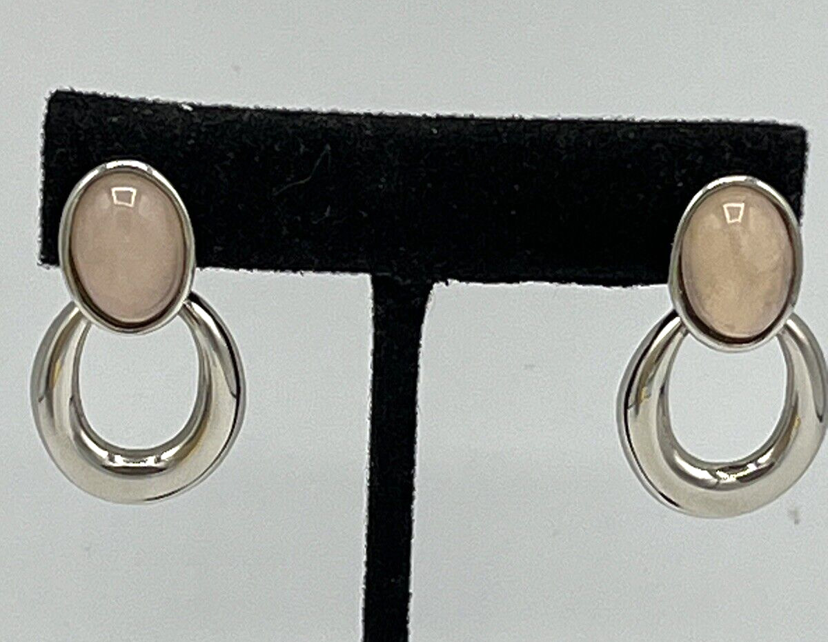Silver Tone Dangle Moonstone Cream/Beige Post Earrings
