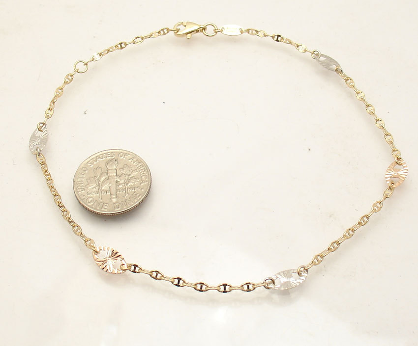 Diamond Cut Mariner Link Ankle Bracelet Anklet Real 14K Tri-Color Gold