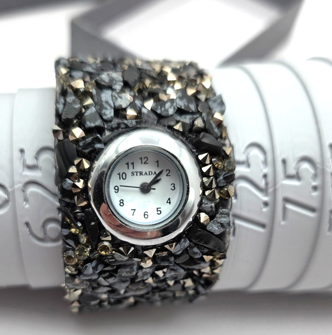 Womens Cuff Watch Black Stone Chip Wide Bracelet Silver Tone Chunky Strada