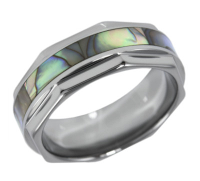 Octagon Shape Tungsten Ring w Iridescent Abalone Pearl Shell Inlay Sz 5-13 + 1/2
